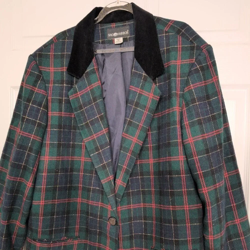 Vintage Sag Harbor Plaid Metallic Blazer Womens Size 18 Green Wool Blend Jacket